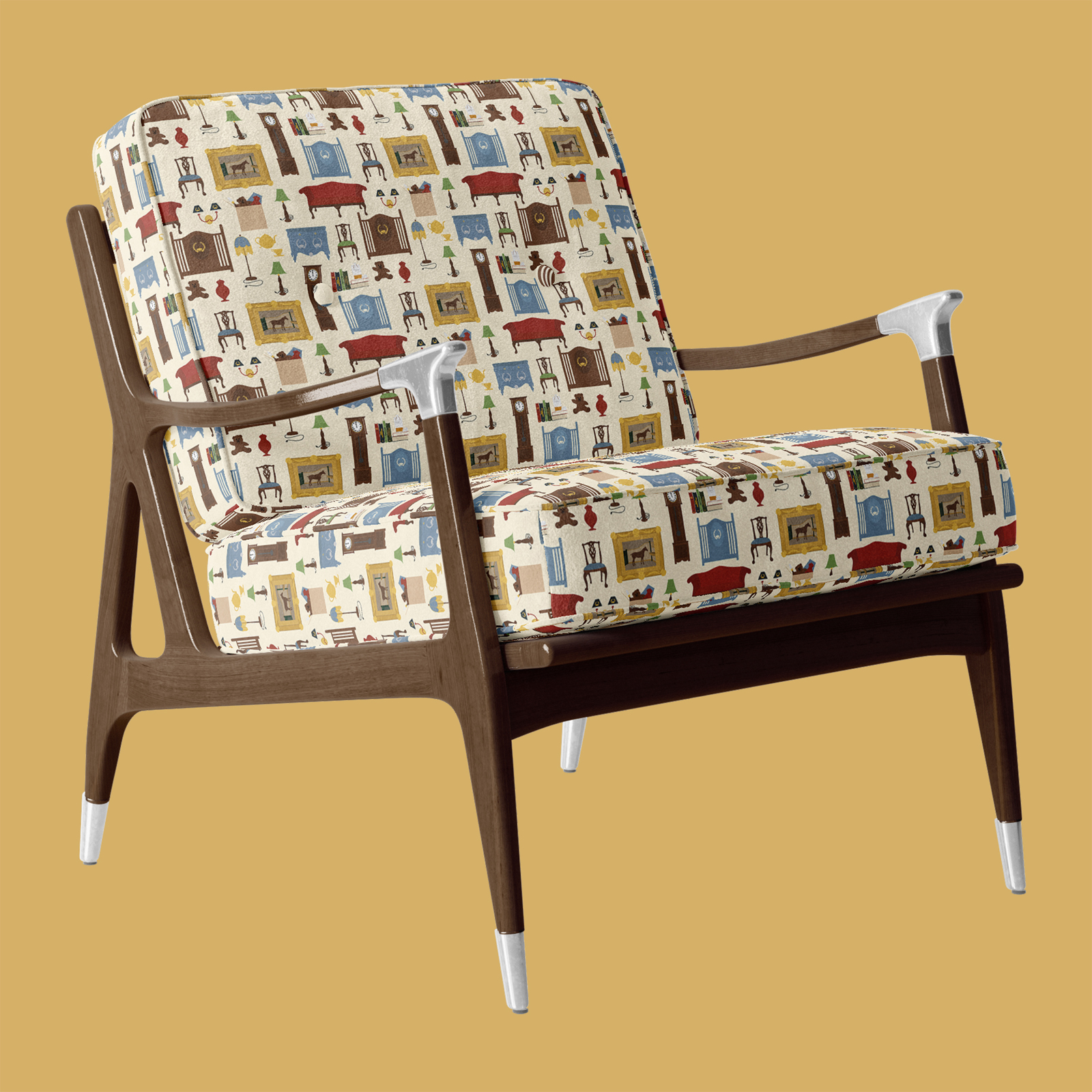 Image of a mid-century armchair featuring 'Antiques' fabric.