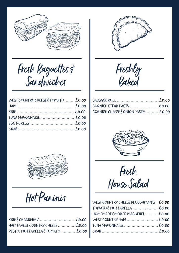 Image of a sample menu designed and created for a beach cafe.