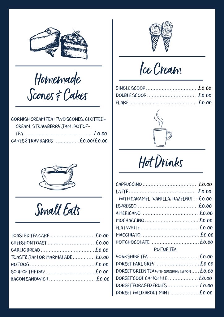 Image of a sample menu designed and created for a beach cafe.