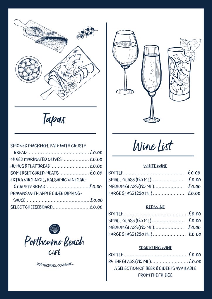 Image of a sample menu designed and created for a beach cafe.