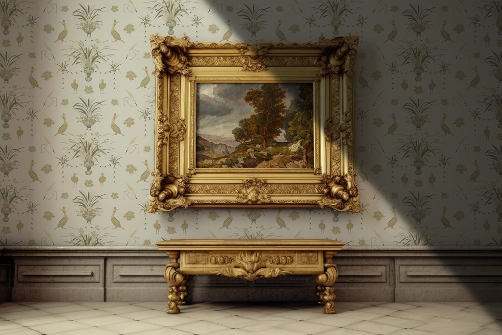 An image of a classical hallway featuring a large ornate gilt-framed oil painting. The wall features Regency Sennen wallpaper in Blush colour way.