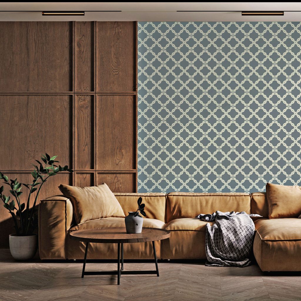 Image showing the Foliage Trellis design in Heron Blue as a  wallpaper.