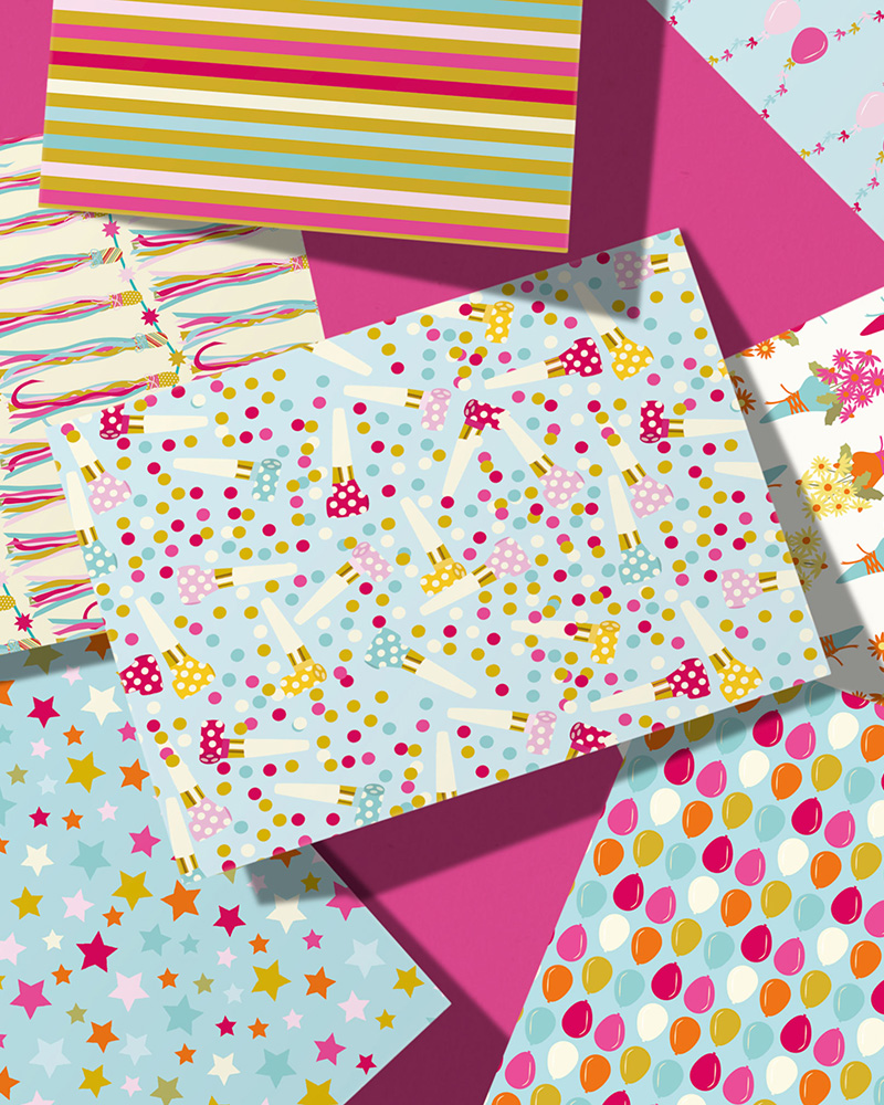 An image of an assortment of greeting cards created using designs from the Party Time! Collection