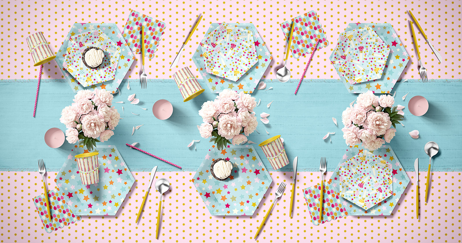 Image of a section of a table (top view) bedecked with party plates, napkins, cups and tablecloth all featuring patterns from the Party Time! Collection.