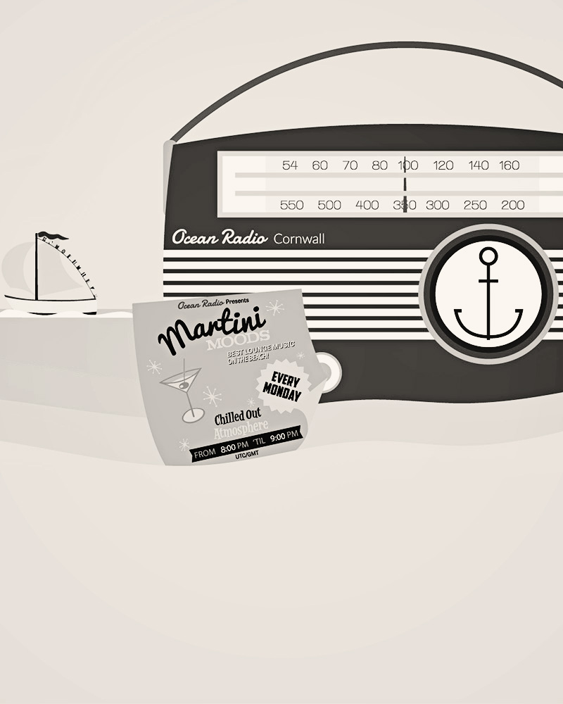 Black and white image of a graphic designed retro radio sitting on a sandy beach with a sailboat passing by on the distant ocean backdrop.