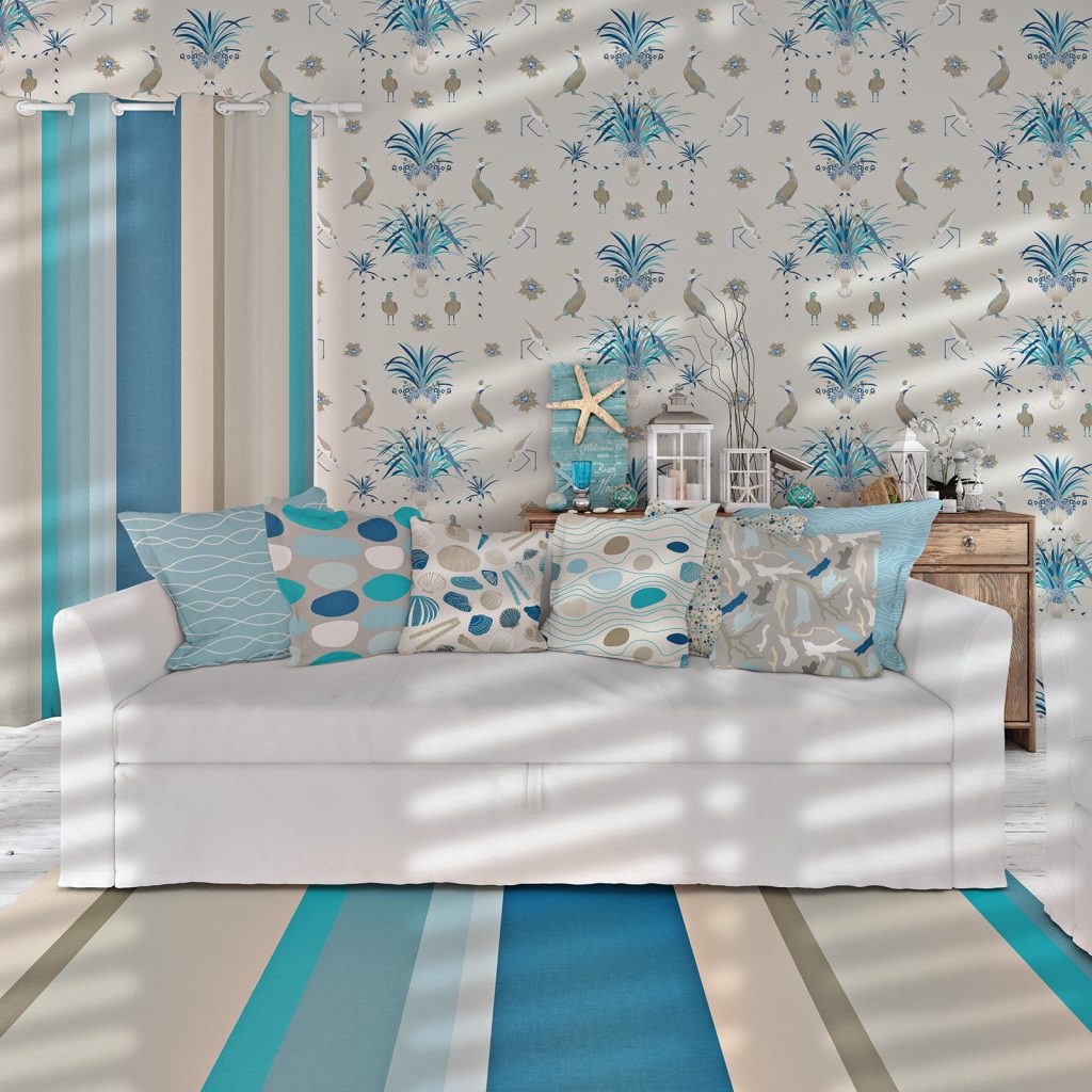 An image of a coastal themed beach house featuring patterns from the Sennen Collection.
