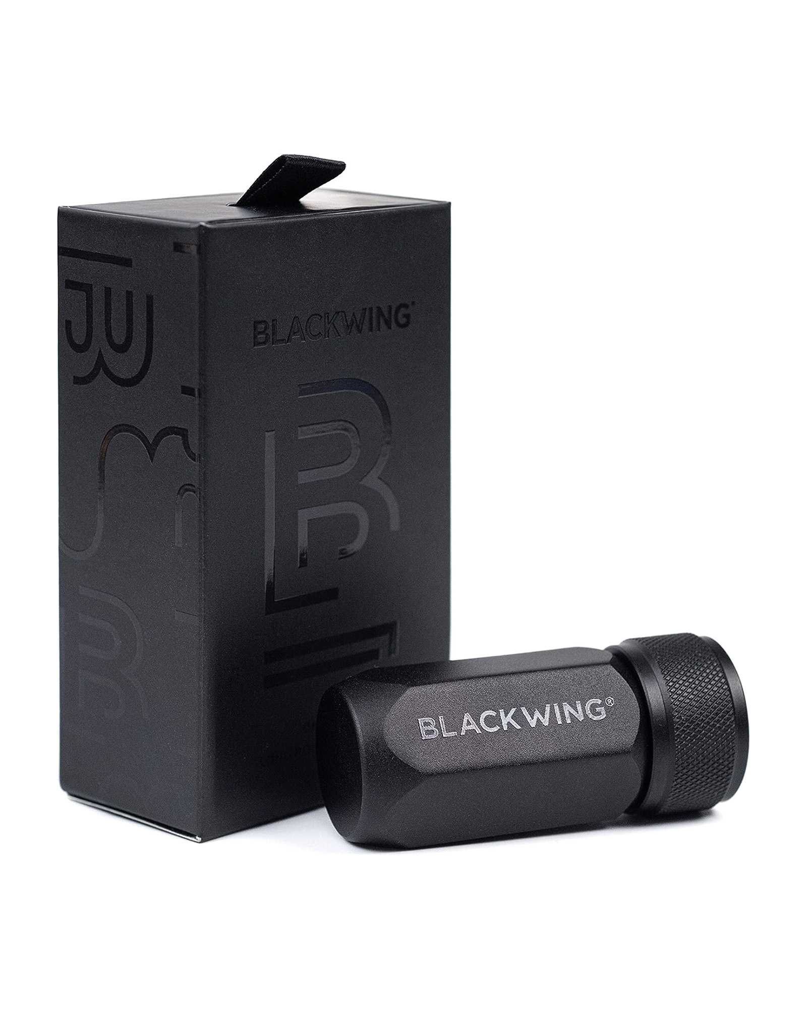 One of our favourites, an image of a Blackwing pencil sharper in black with black packaging box.