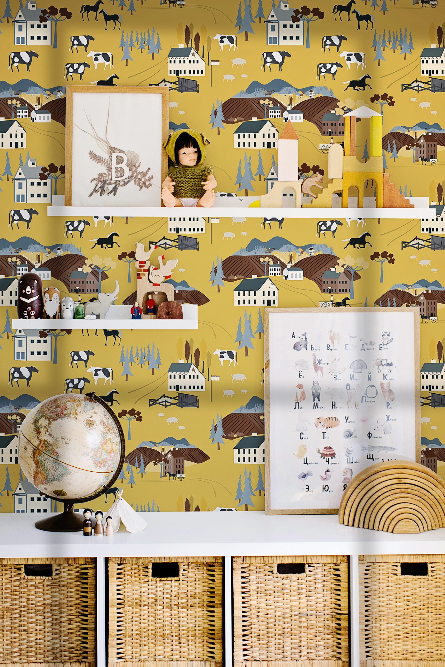 Image of a child's room, the wall of which features the wallpaper "Naive Landscape".