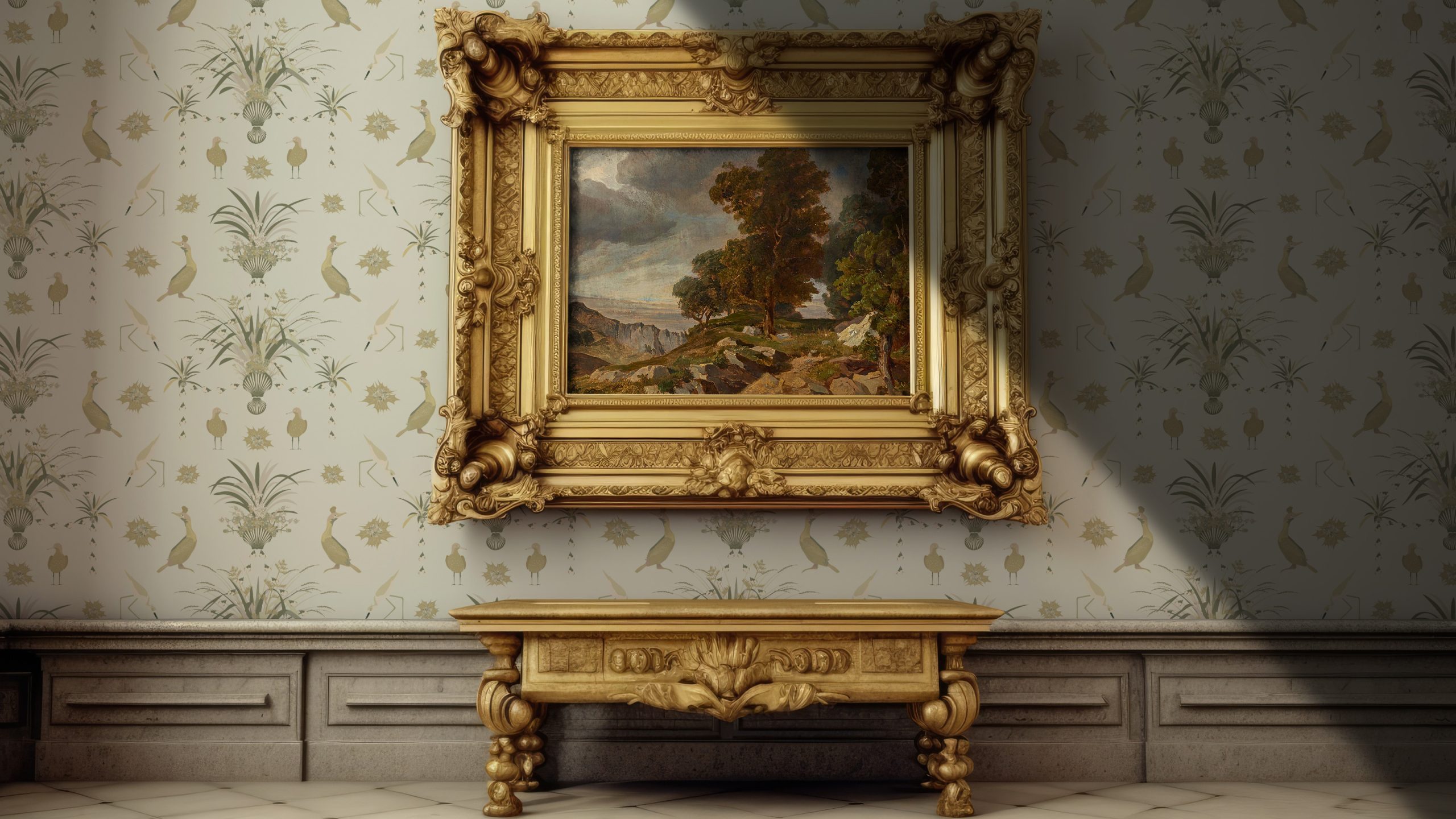 An image of a classical hallway featuring a large ornate gilt-framed oil painting. The wall features Regency Sennen wallpaper in Blush colour way.