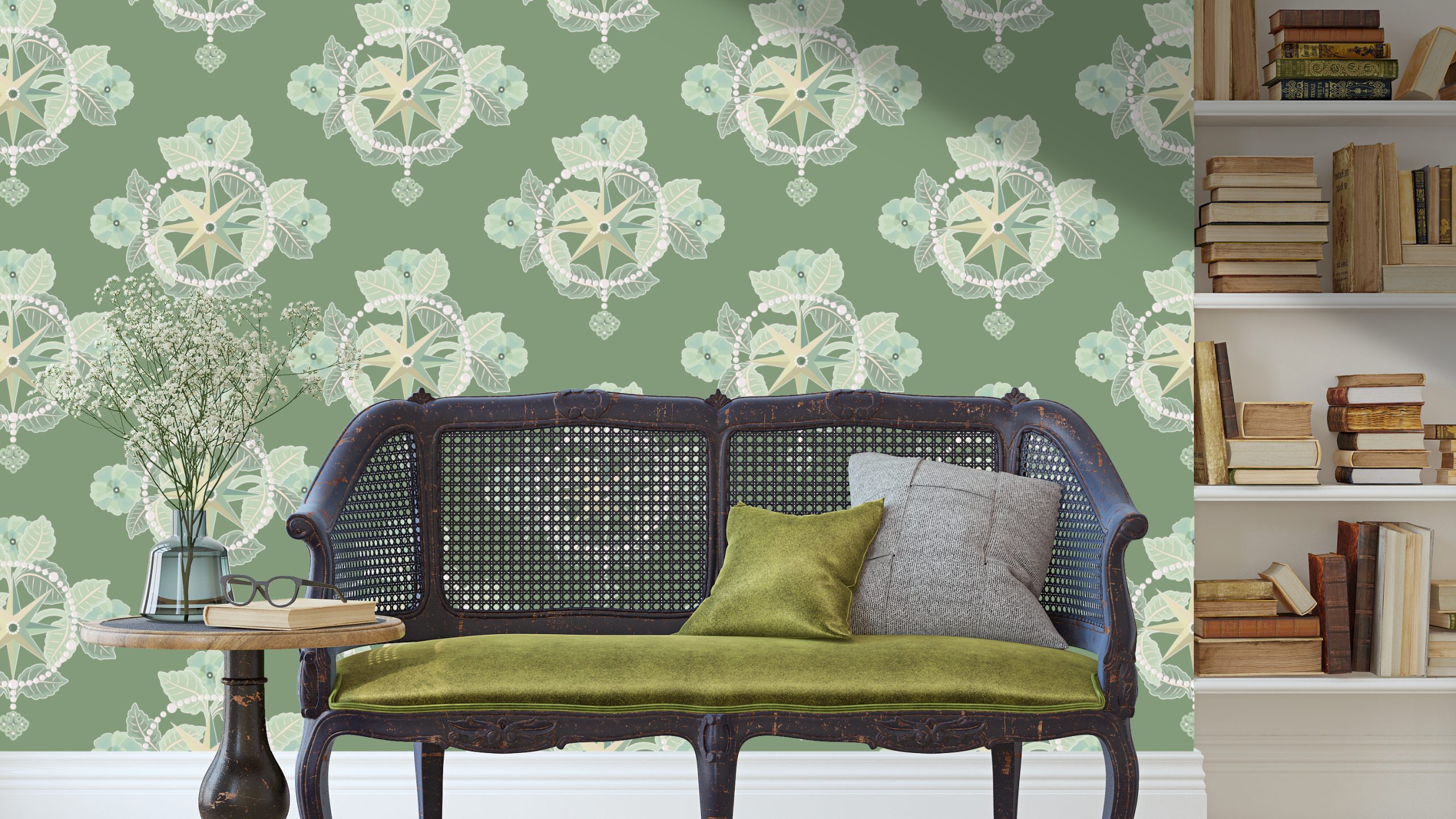 An image of a room with one wall featuring the "Emblem" pattern from the Green & Pleasant Land upcoming collection of patterns.