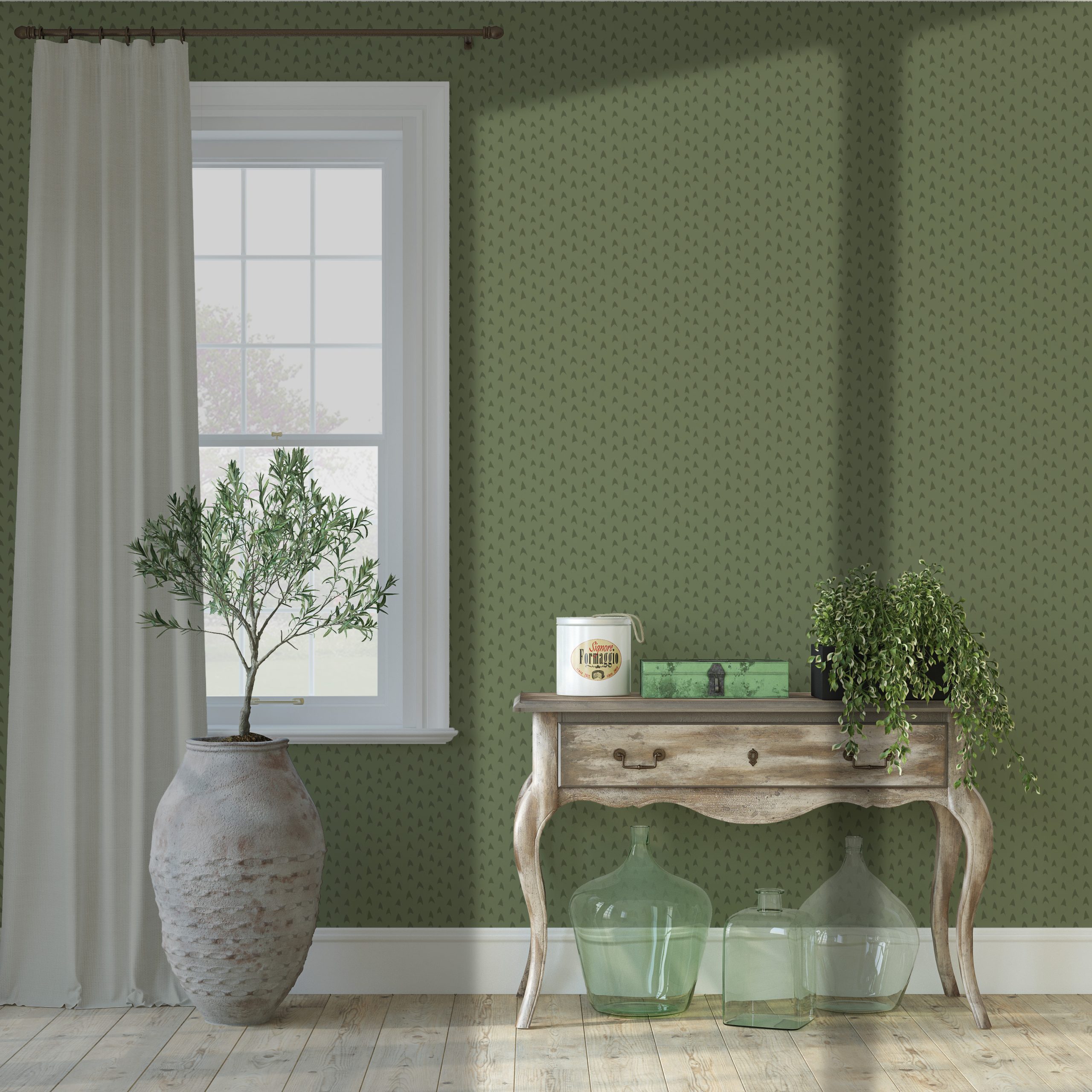 An image of a hallway which features "Feather Tips" pattern as the wallpaper, taken from the Green & Pleasant Land 