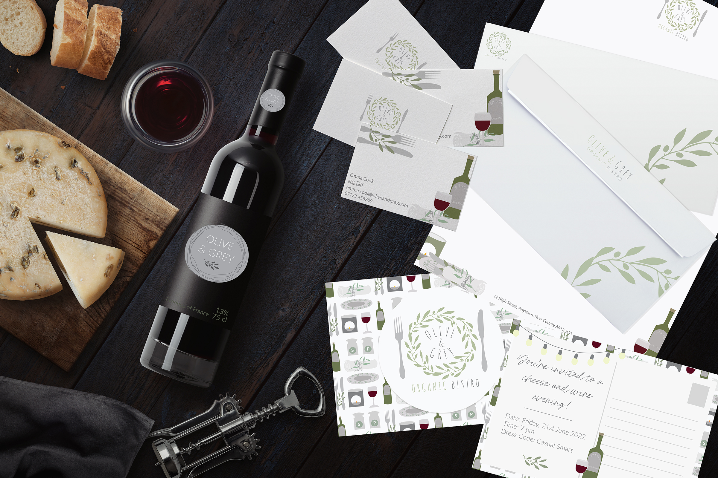 Image of a counter surface in a restaurant with various cohesively designed business stationery.
