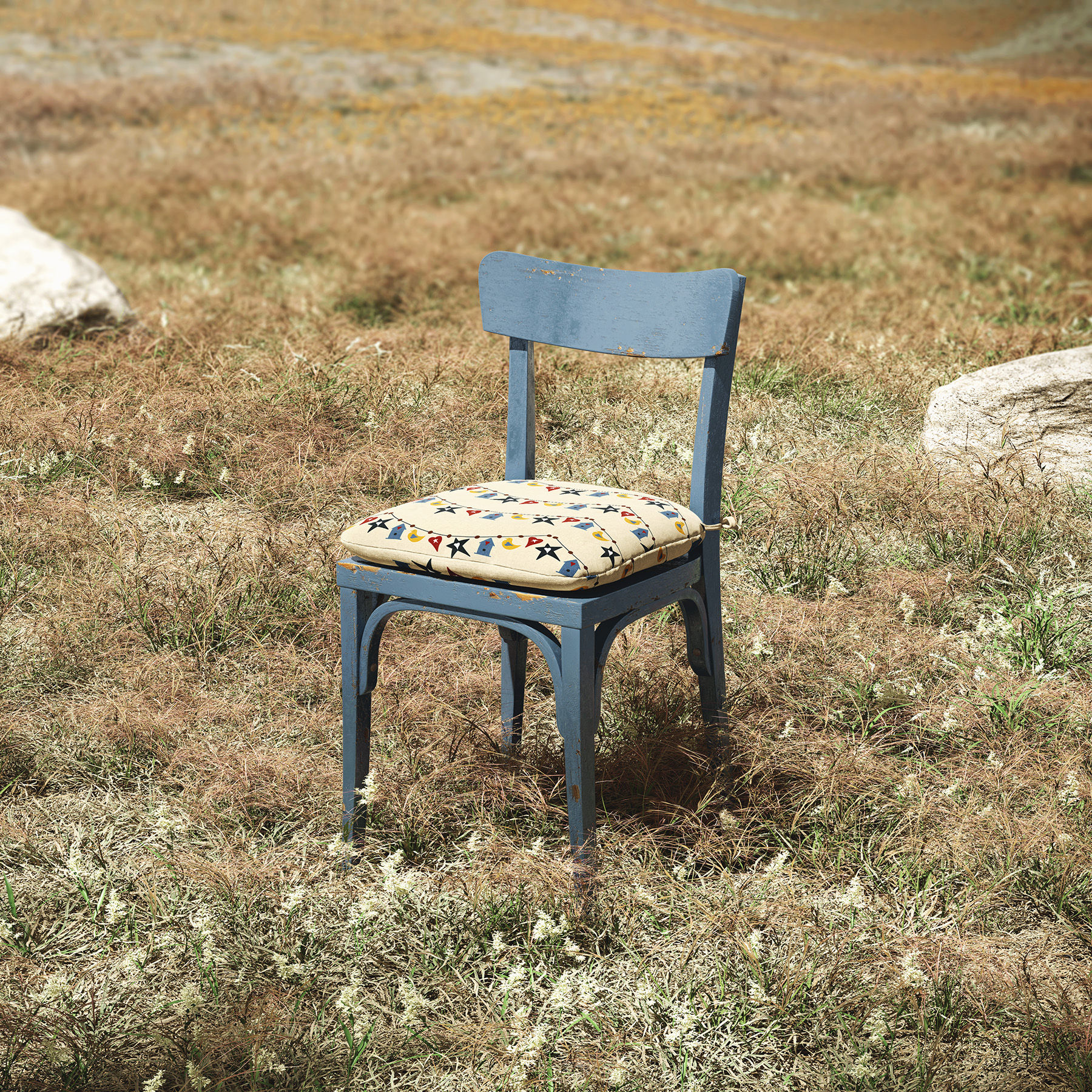 Image of a rustic blue chair outdoors and features Icon Garlands pattern from the Primitive collection.