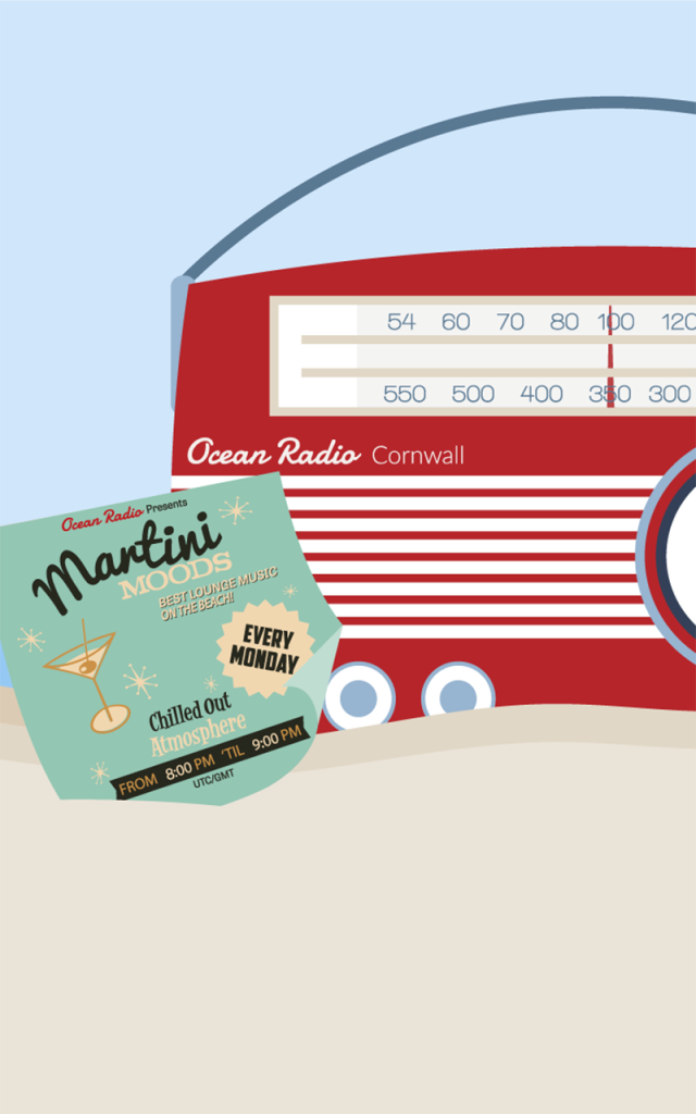 Image of artwork created for an online radio. Retro style red radio in the sand with a passing sailboat in the background. A starfish is leaning against the radio: Marketing