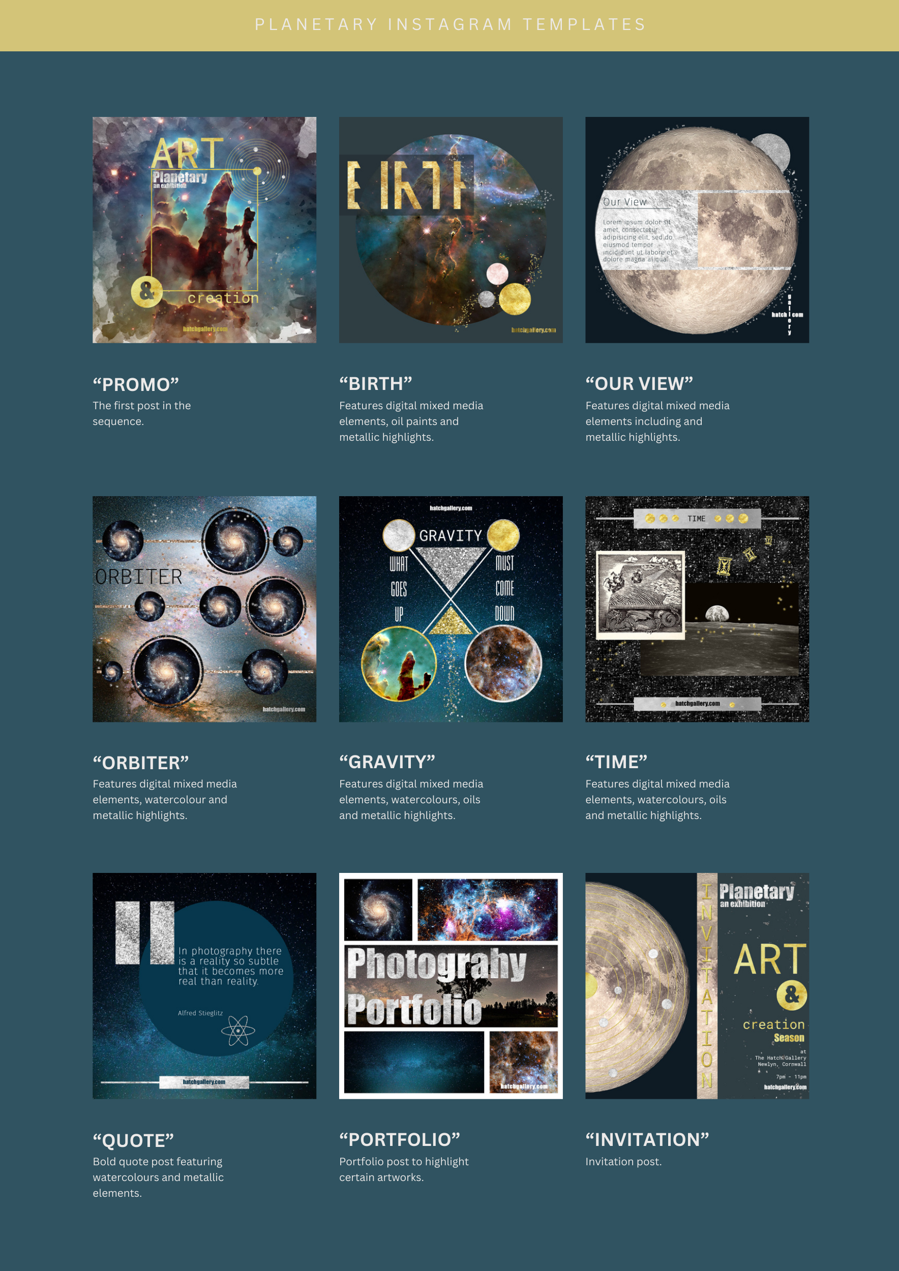 Portfolio image of a collection of instagram posts created for an art gallery featuring a cosmos themed exhibition.