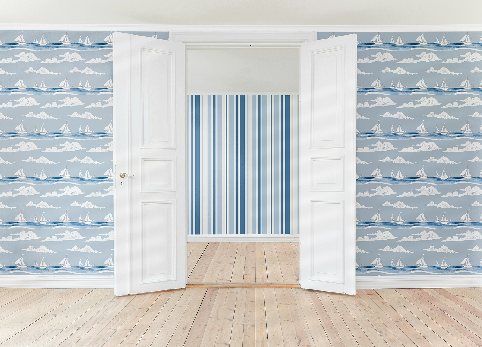 Image of an interconnecting rooms with double doors mockup for photoshop. The mockup is a free resource created and offered by Seaweed & Spruce. Original photograph courtesy of "Phil" on Unsplash.