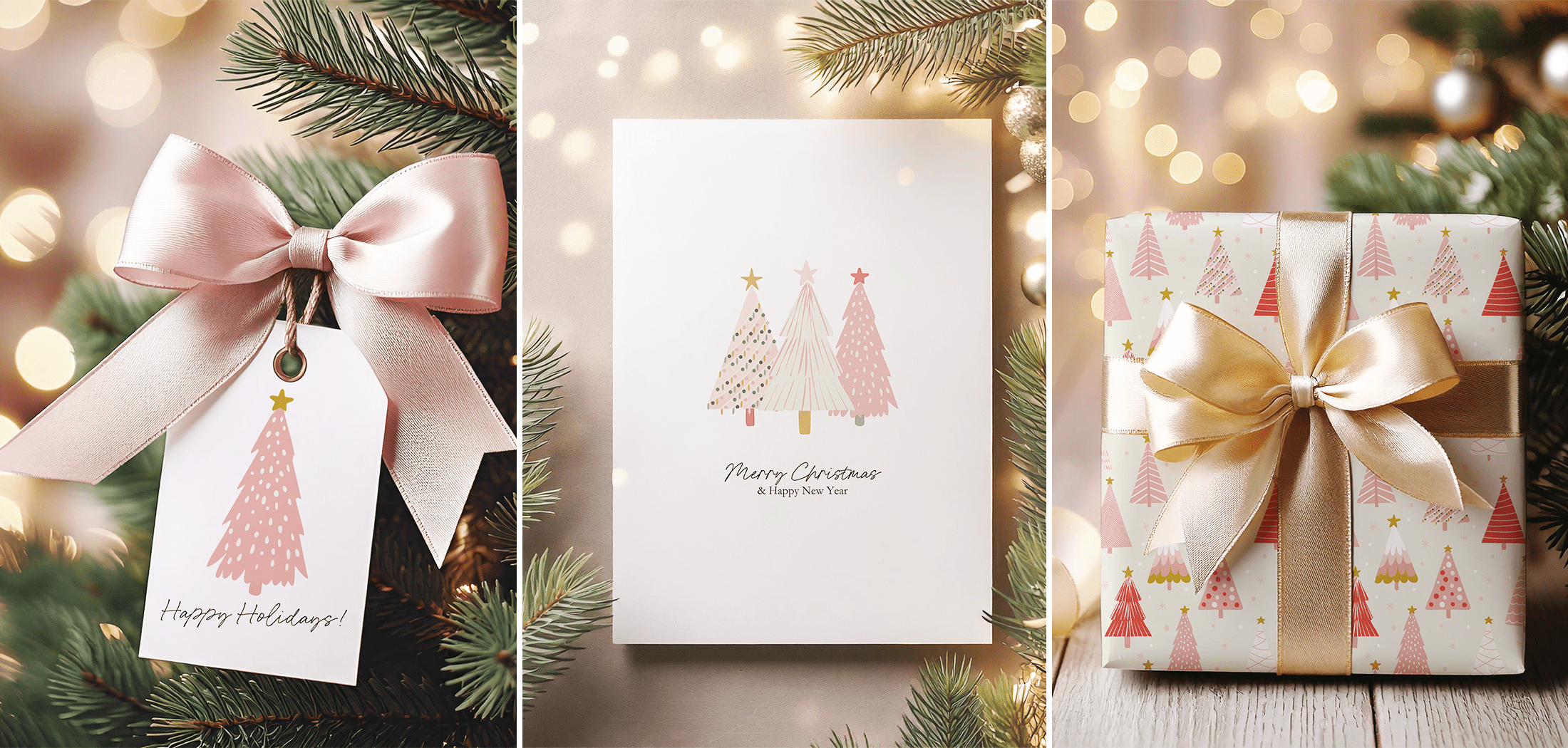 Image of three products created using artwork from the Seaweed & Spruce FREE Christmas giveaway! The products are a wrapped Christmas present, a gift tag and a Christmas card.