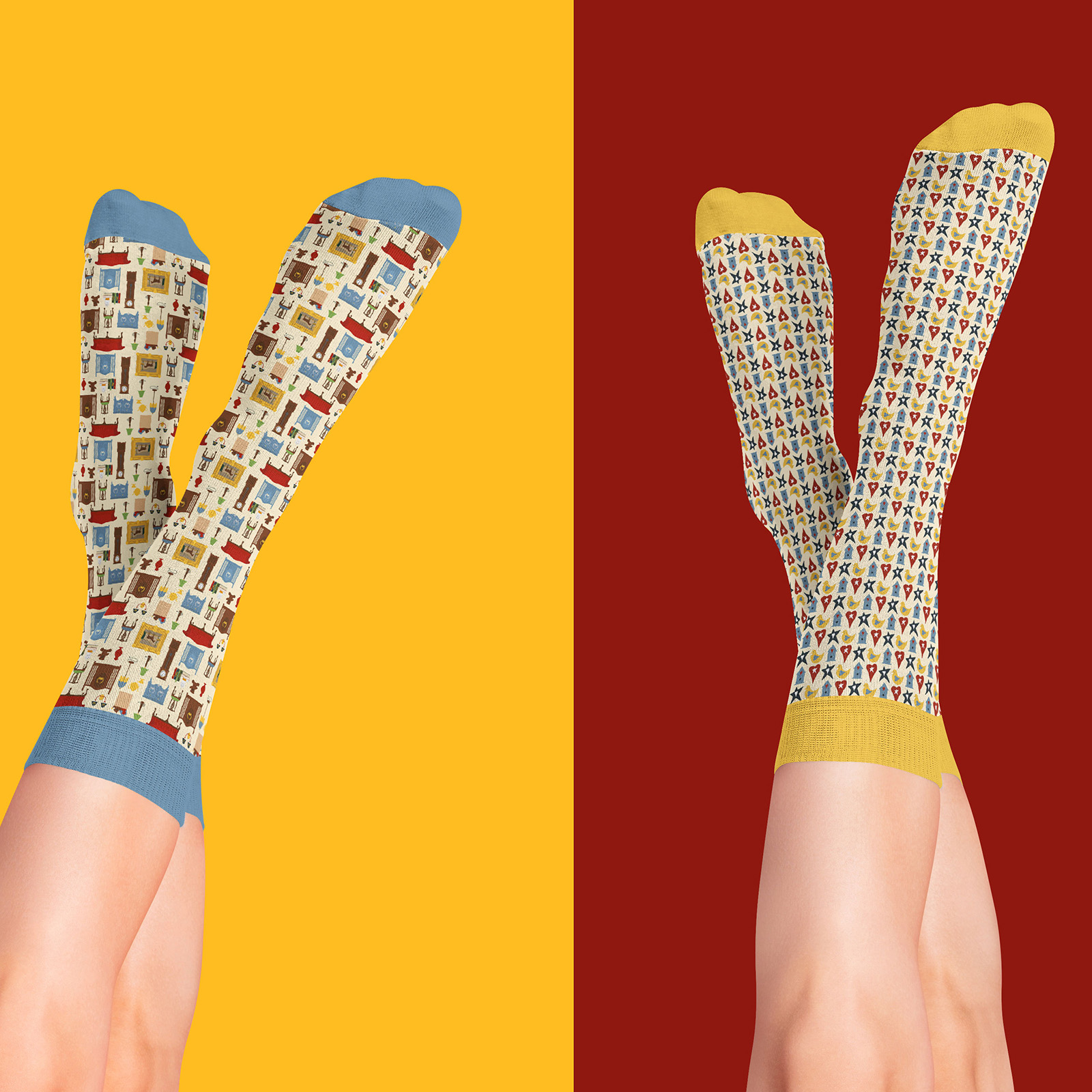 Image of two pairs of socks (on feet) featuring two patterns from the Primitive Collection.