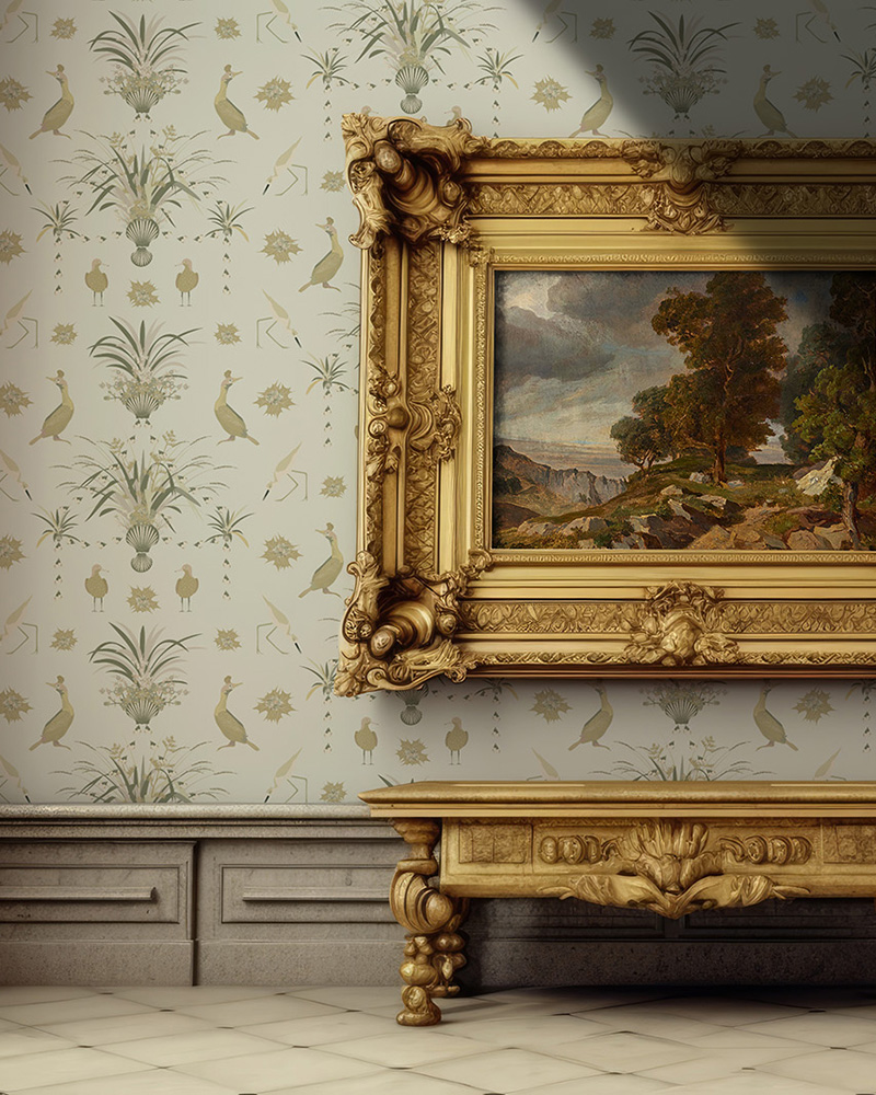 Image of a classical hallway featuring the Regency Sennen wallpaper