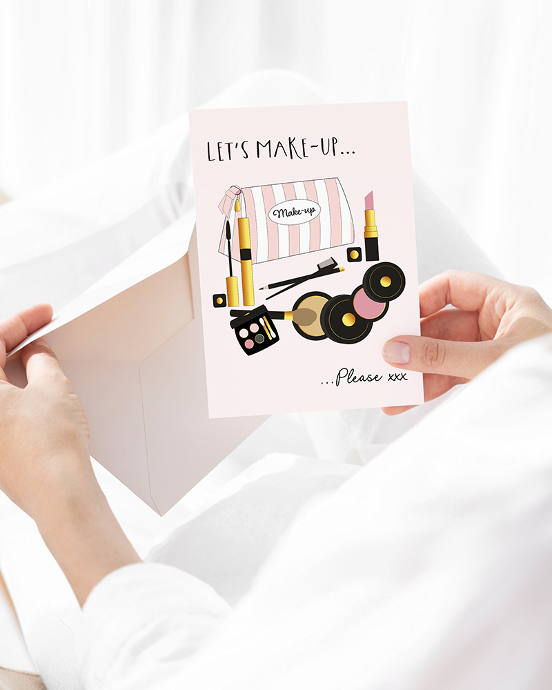 An image of an illustrated greeting card featuring hand drawn make-up related illustrations.