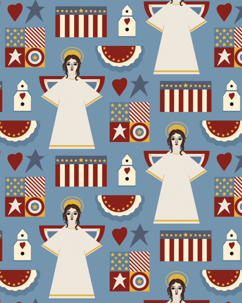 Image of "Primitive Americana" pattern from the Primitive Collection. The pattern depicts iconic American motifs.
