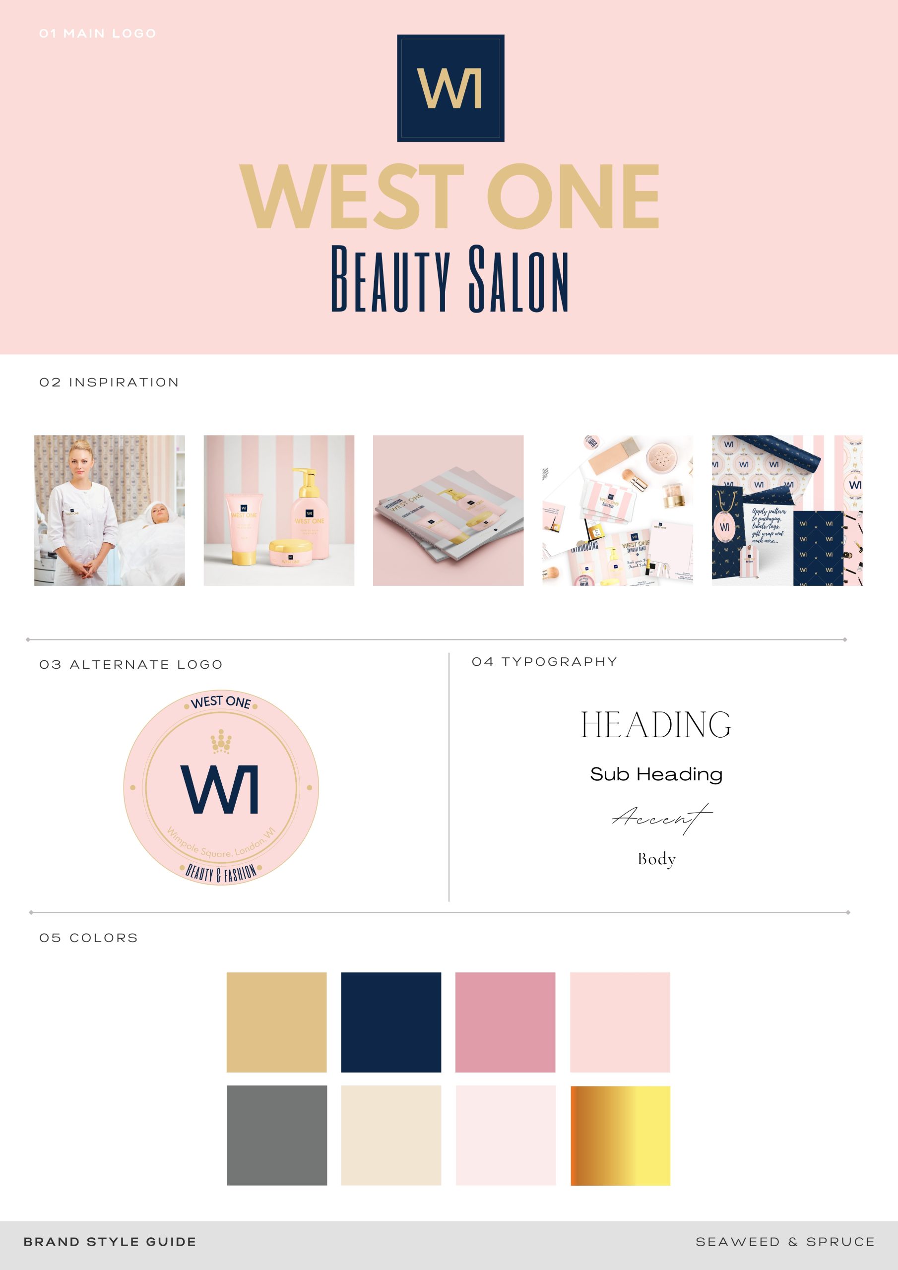 An image of a branding presentation for a beauty salon. The presentation includes colour palette, typography, stationery, logo and a brochure.