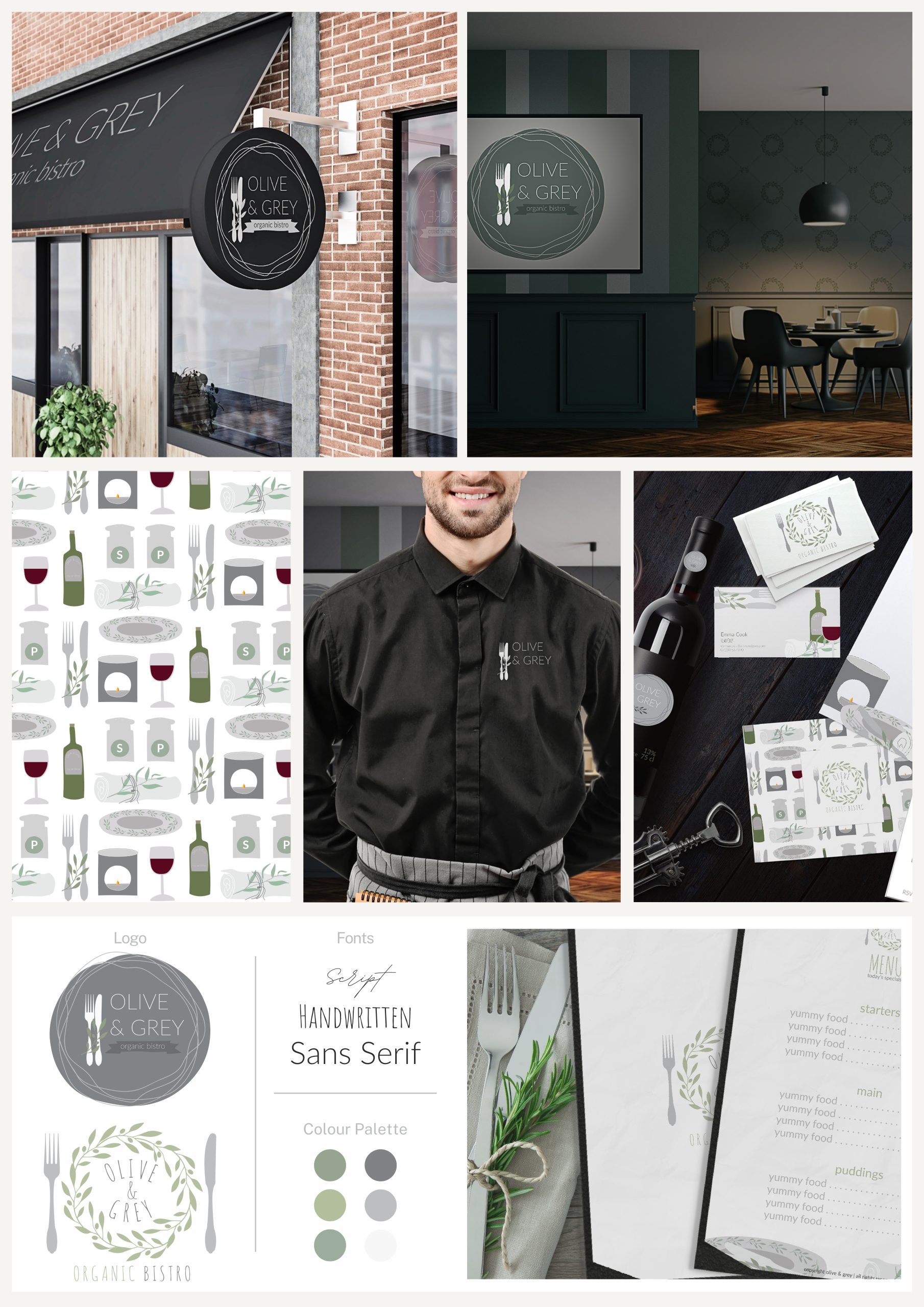 An image of a branding presentation for a bistro restaurant. The presentation includes an external image featuring signage, interior featuring an original designed wall paper. Stationery, logo and menus also feature.