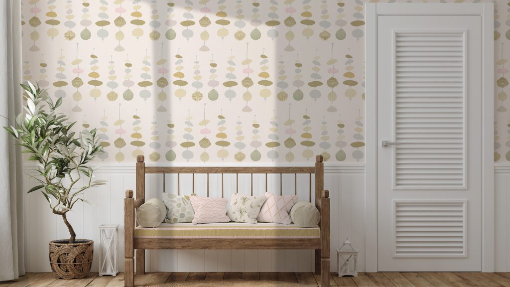 Image of a hallway with the wall and soft furnishings featuring patterns from the Sennen collection.Examples of licensed surface pattern designs on bedding, stationery and homeware.