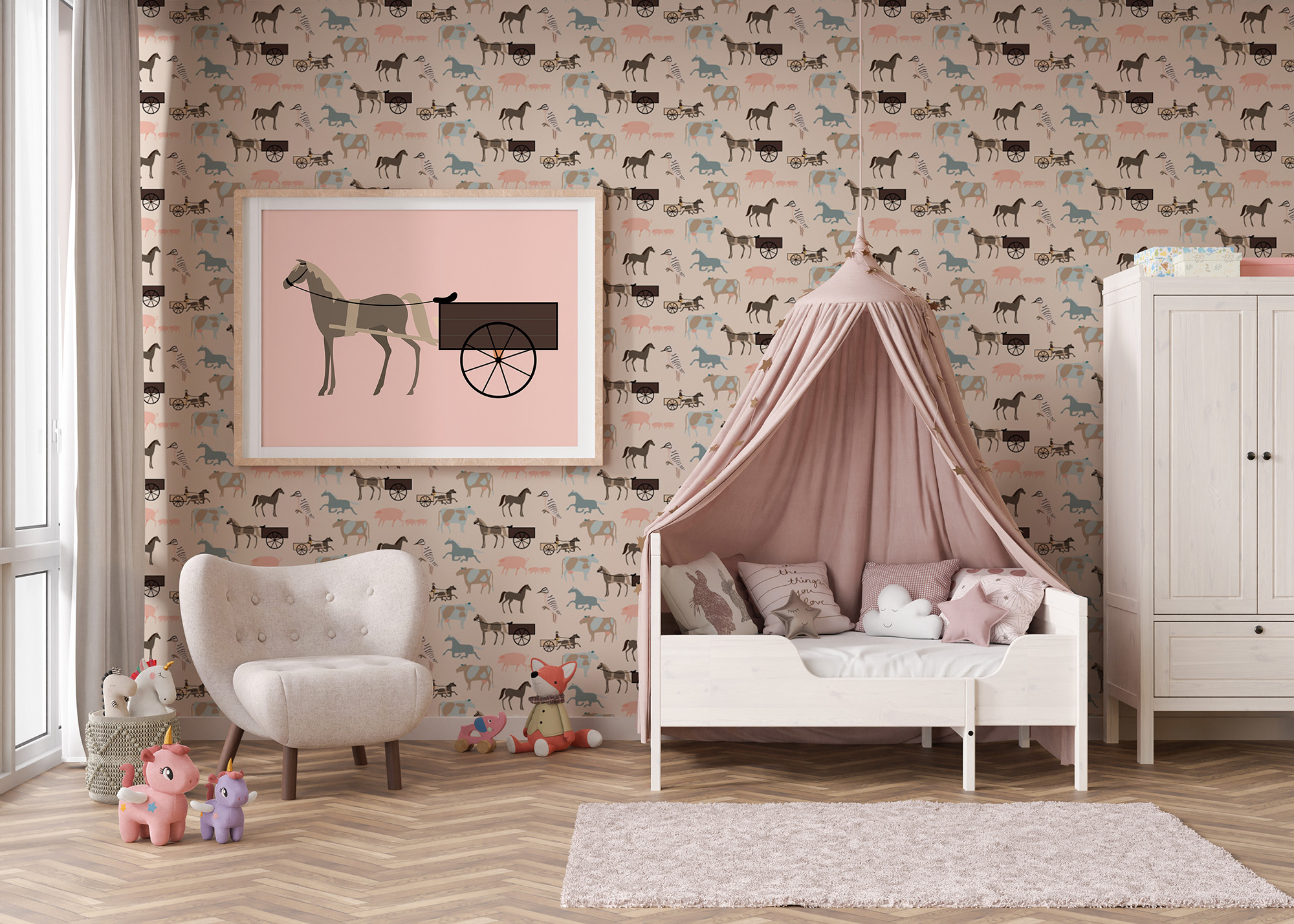An image of a child's bedroom featuring the "Animals" pattern as the wallpaper.