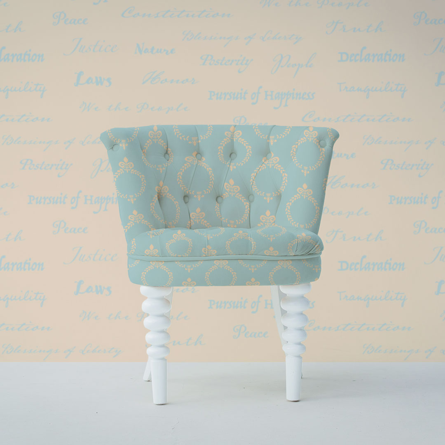 An image of an elegant chair upholstered in "Imperial Wreath" and the backdrop wall features "Words".