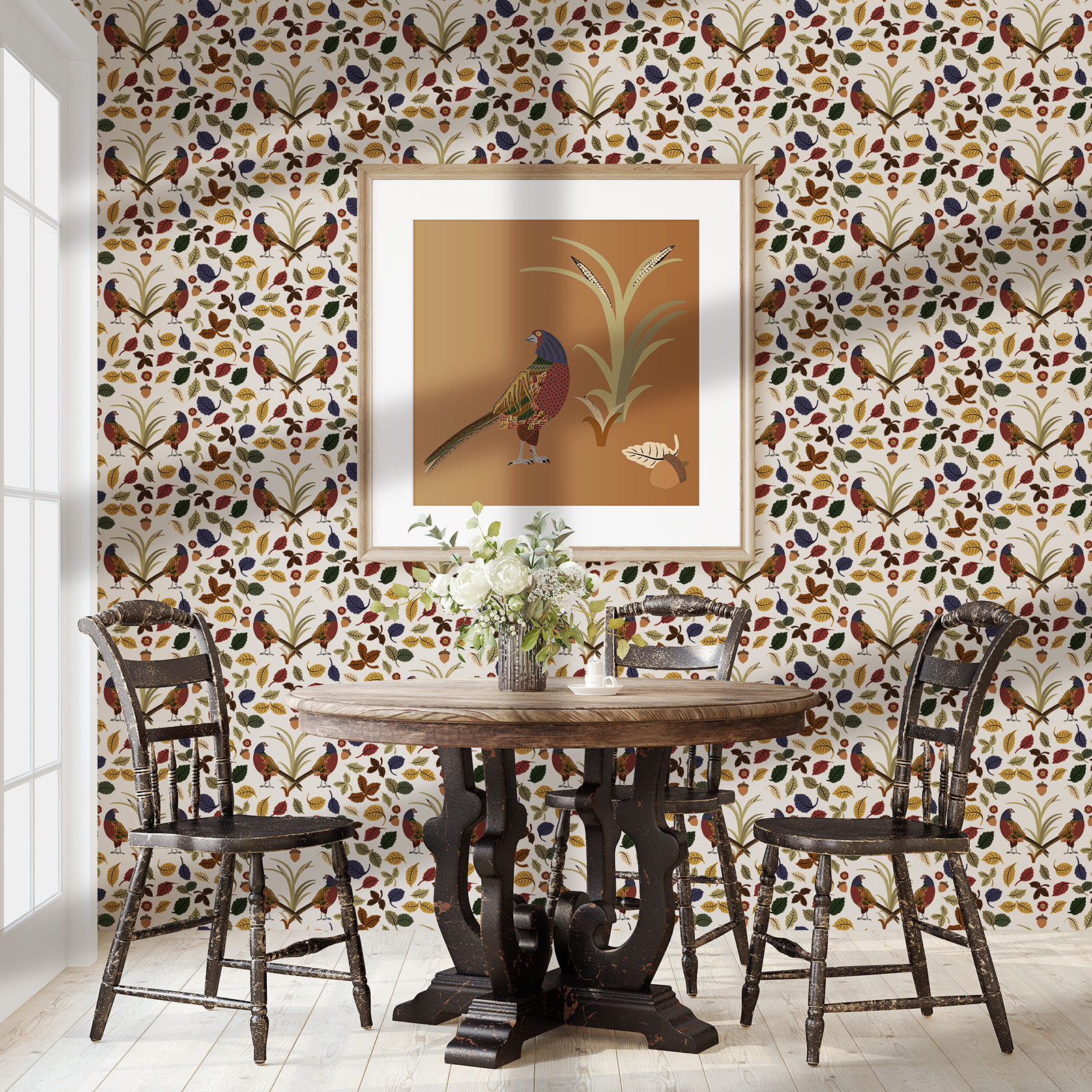 An image of a breakfast nook featuring Seaweed & Spruce's "Pheasants" pattern, an arts and crafts movement inspired pattern.