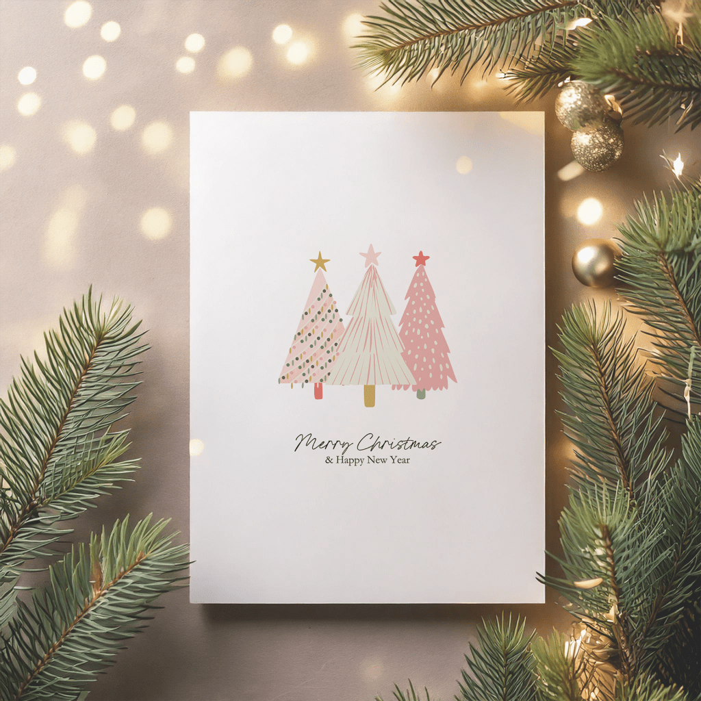 Image of a Christmas card set against a Christmassy background. The artwork featured is included in the Seaweed & Spruce Christmas giveaway.