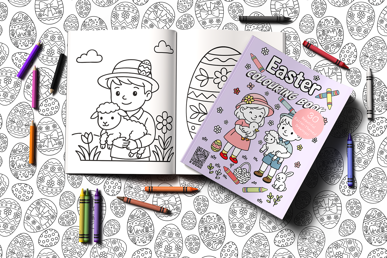 Image of Seaweed & Spruce's limited free offer of an Easter-themed children's colouring book. The image shows a colouring book (closed, face up) and an open version featuring two of the illustrations included. A young boy holding a lamb and an elaborately decorated easter egg.