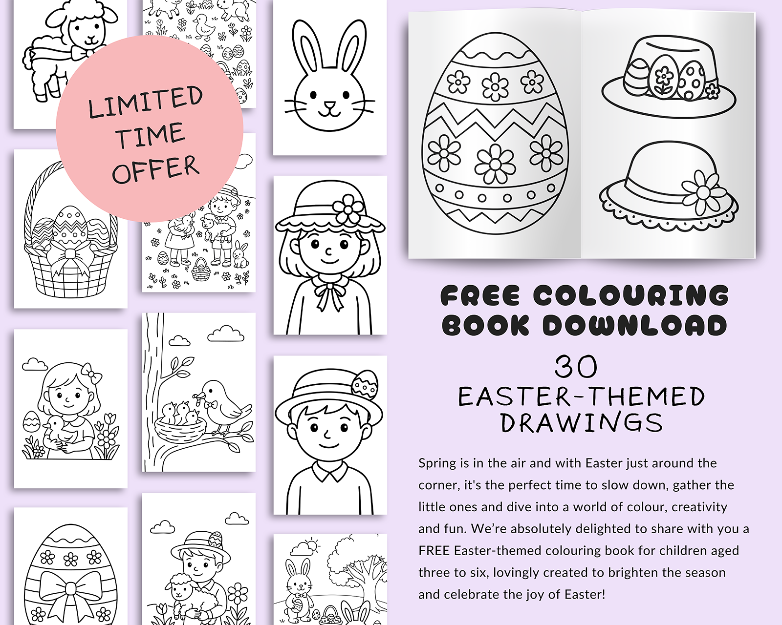 Image of Seaweed & Spruce's limited free offer of an Easter-themed children's colouring book. Features previews of some of the illustrations included.