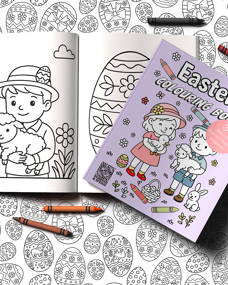 Image of Seaweed & Spruce's limited free offer of an Easter-themed children's colouring book. Features previews of some of the illustrations included.